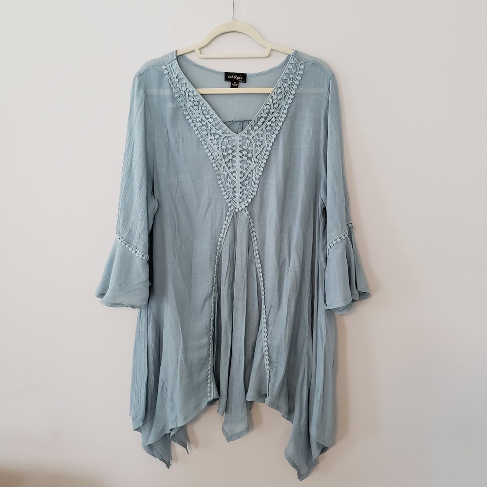 Asymmetric Boho Flowy Top XL Fairy Festival Hippie Flare Sleeve Lace Dusty Blue